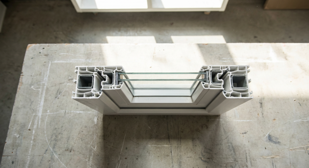 Cross section of a durable uPVC window frame with double glazing Perth technology shown on a workshop table for home energy