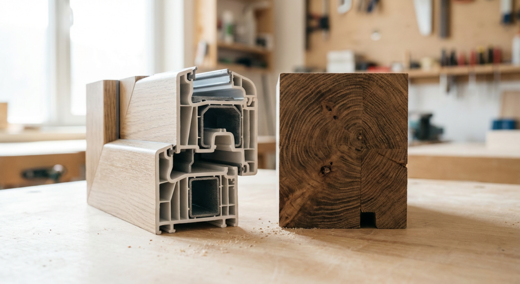 Cross section of uPVC and timber window frame profiles for double glazing Perth homes comparing modern plastic vs wood