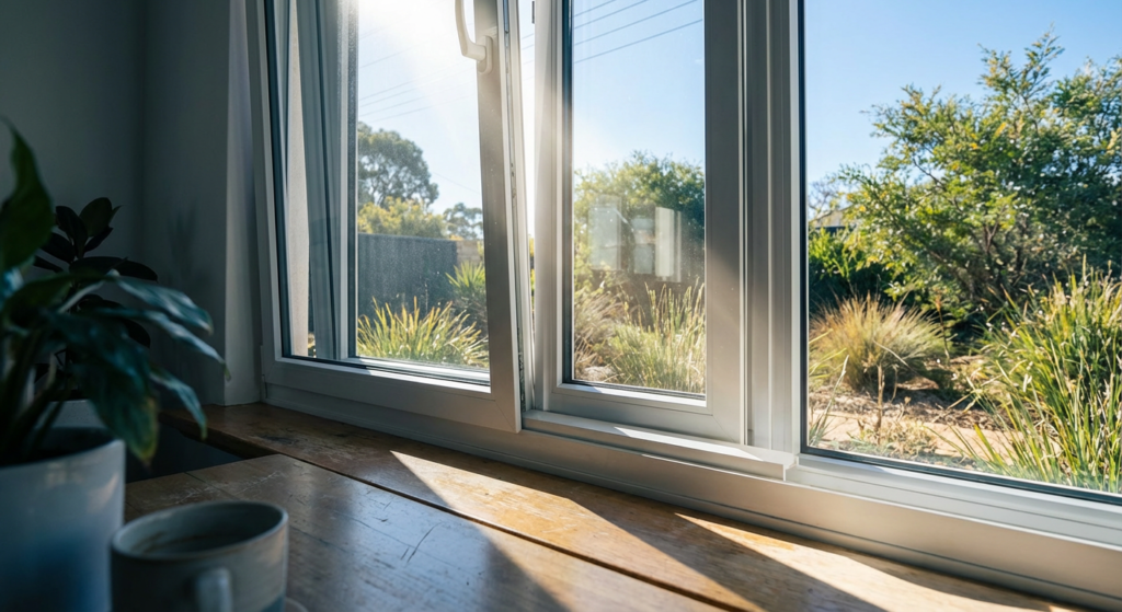 Modern uPVC window for Perth heat providing double glazing benefits with sunlight streaming onto a wooden interior surface